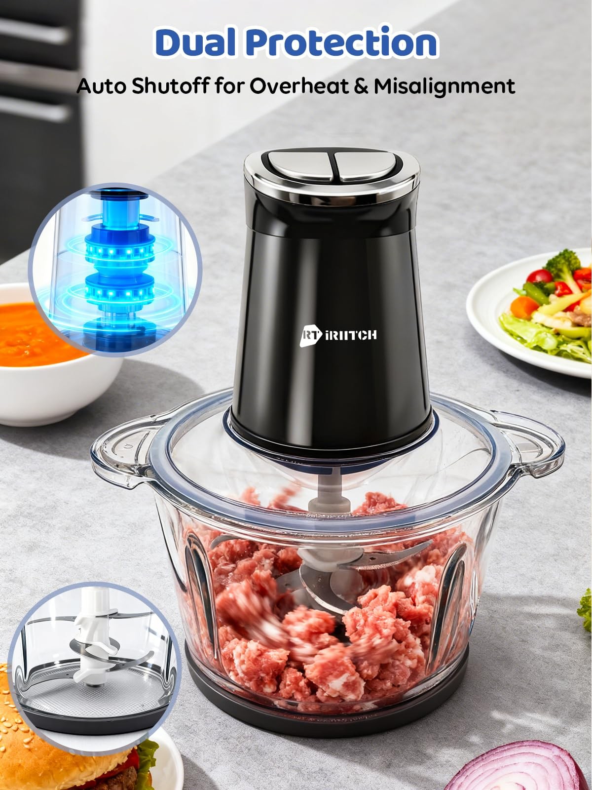 IRIITCH Food Processor with LED Timer, 800W Electric Chopper with 2 Bowls (12…