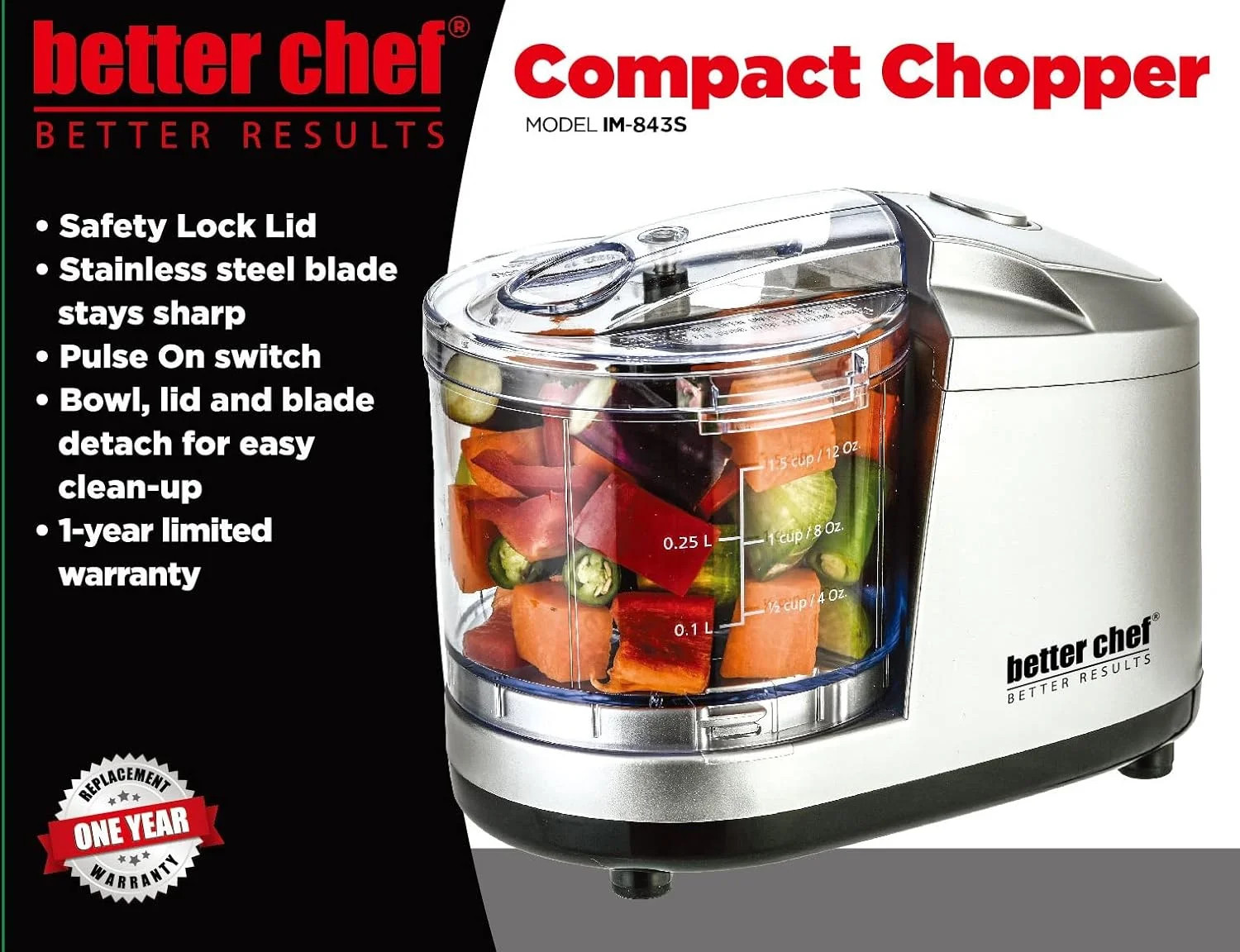Better Chef 1.5-Cup Mini Food Processor | Stainless-Steel Blade | Pulse Switch (