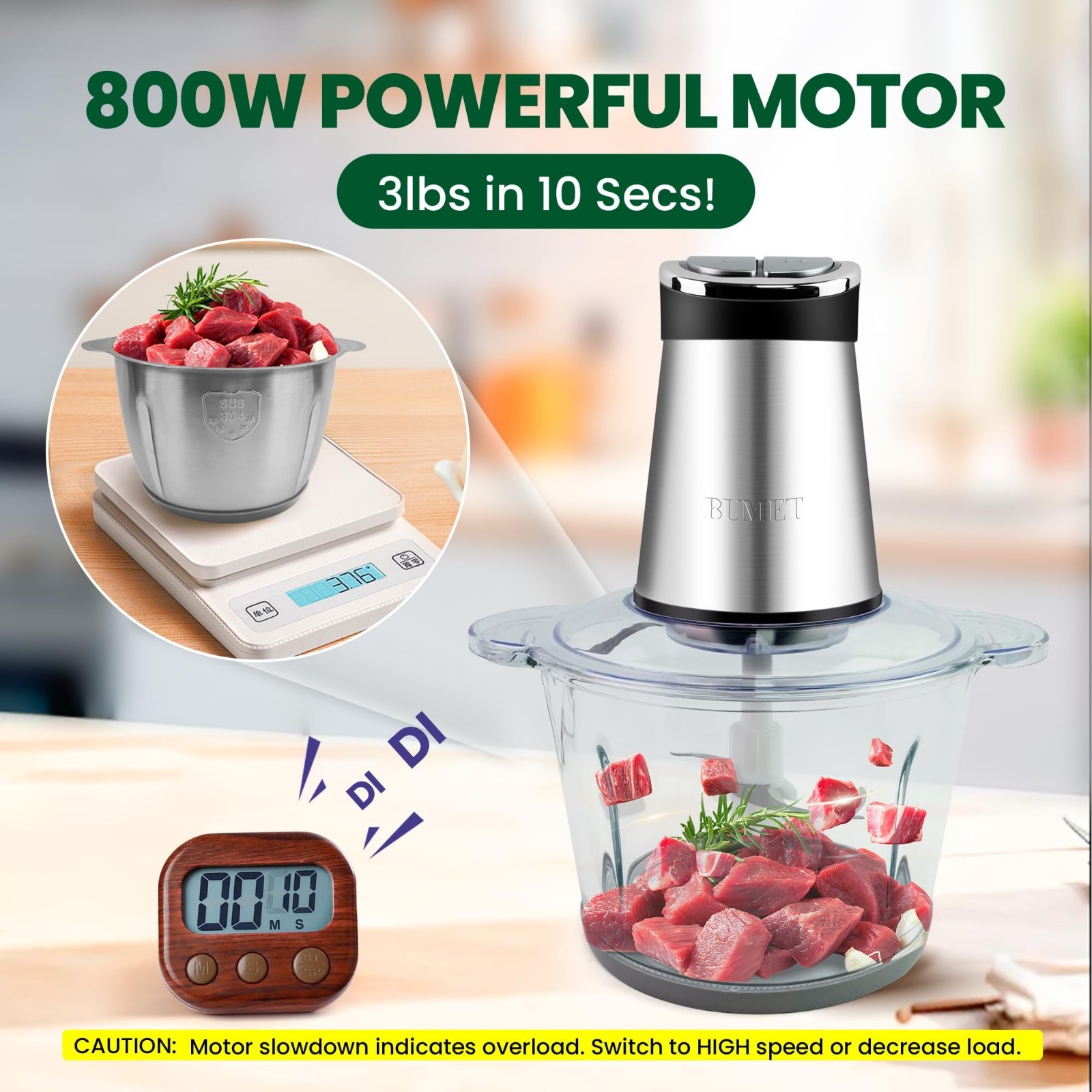 800W Electric Food Processor with 2×12-Cup Bowls, LED Timer, 6 Cutting Edges, Me