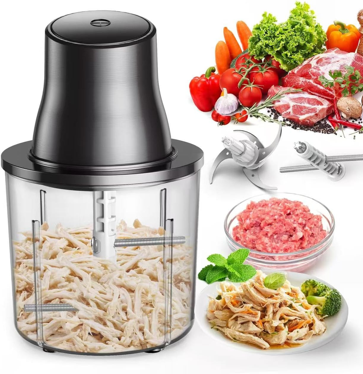 3-In-1 Upgraded Food Processor with Electric Chicken Shredder | 1.5L Bowls Veget