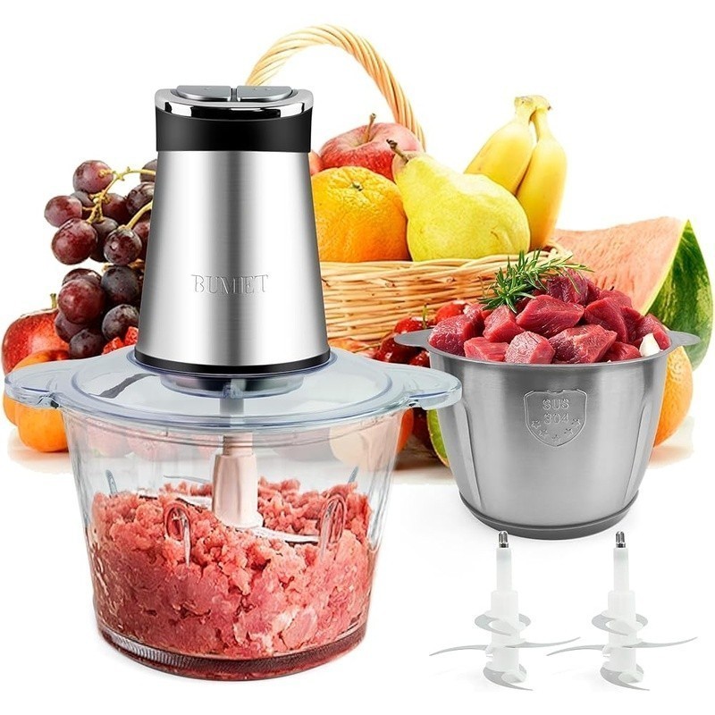 800W Food Processor W/ Stainless Steel Glass Bowls LED Timer 6-Blade Design New