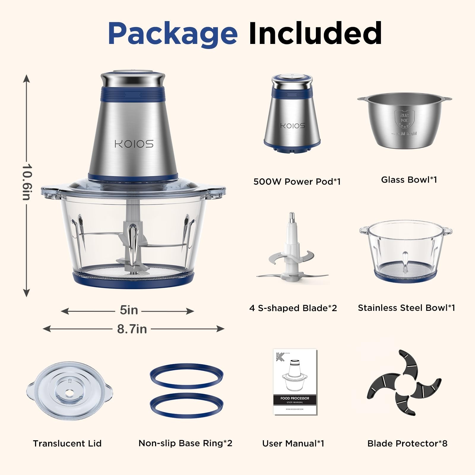 KOIOS 500W Electric Food Processor Chopper 2 Bowls 8-CupMeat Grinder Mincer Blue