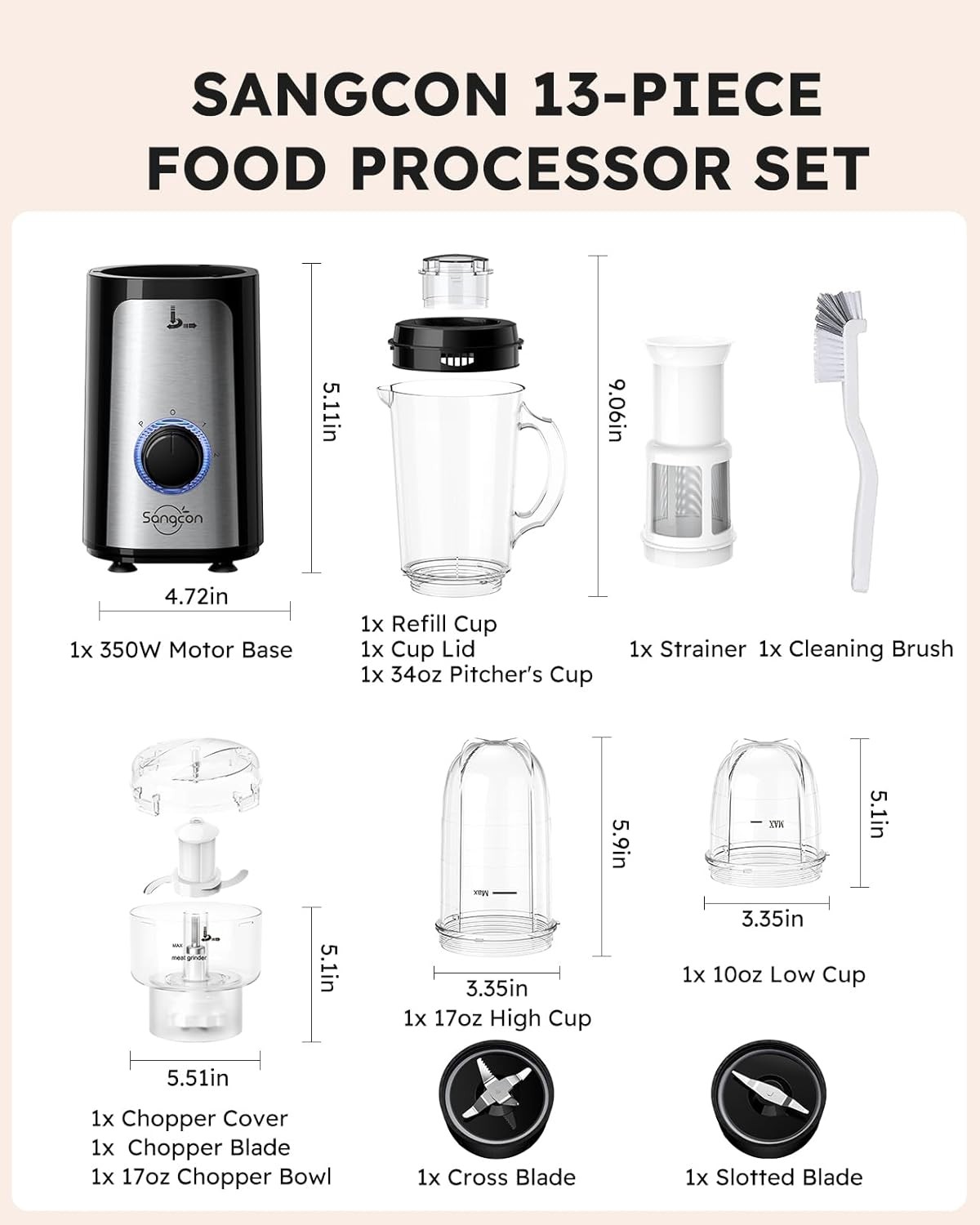 5-in-1 Blender Food Processor Combo 350W 2 Speed Electric for Meat Vegetable