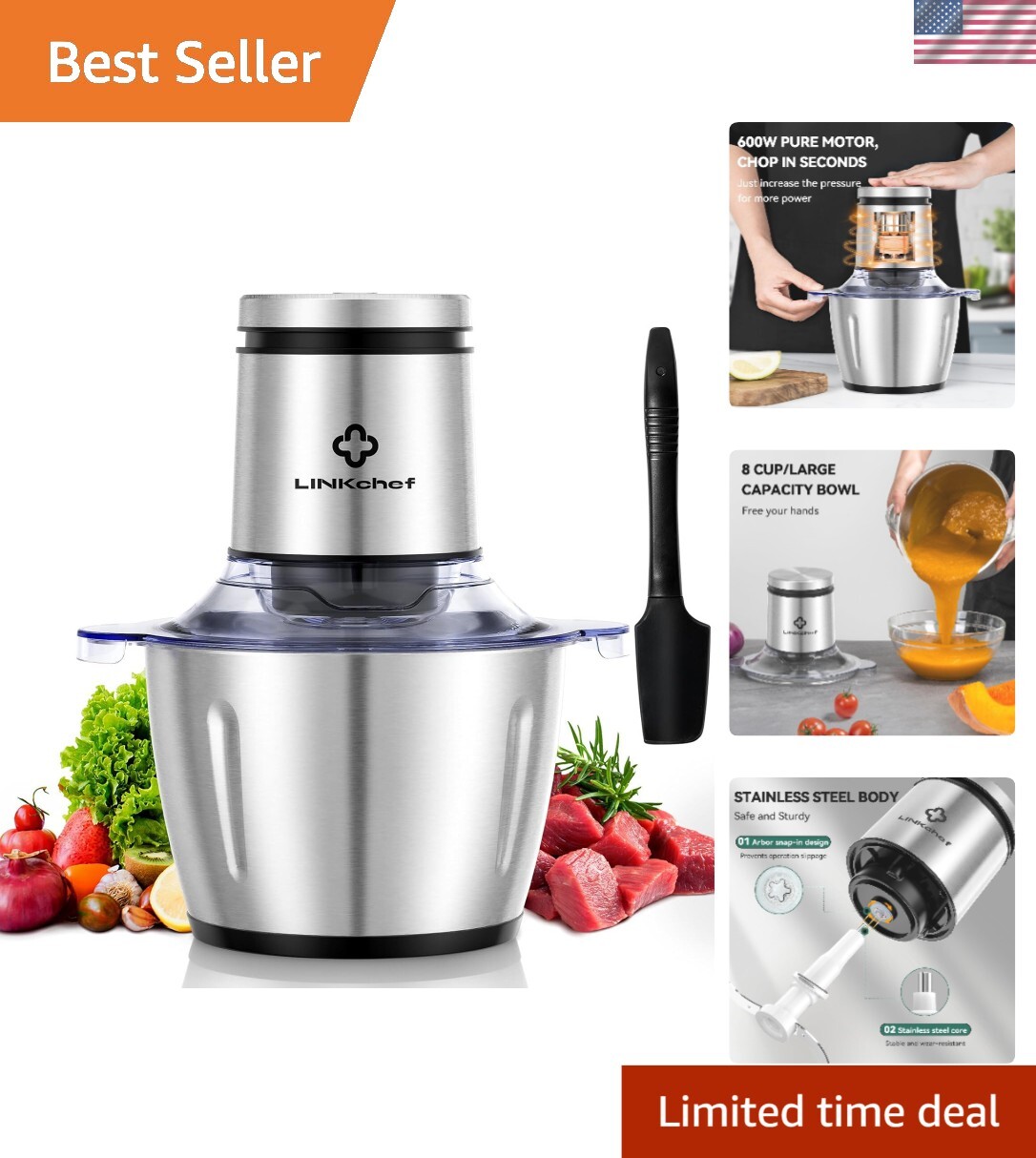 8 Cup Electric Food Chopper & Meat Grinder – 600W Stainless Steel Processor