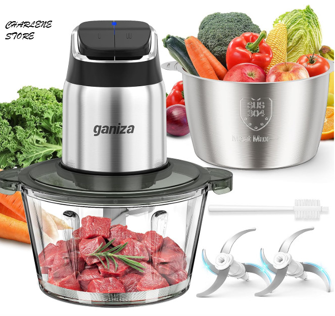 Ganiza Food Processor 2-Speed Meat Chopper w/ 8-Cup Steel & Glass Bowls