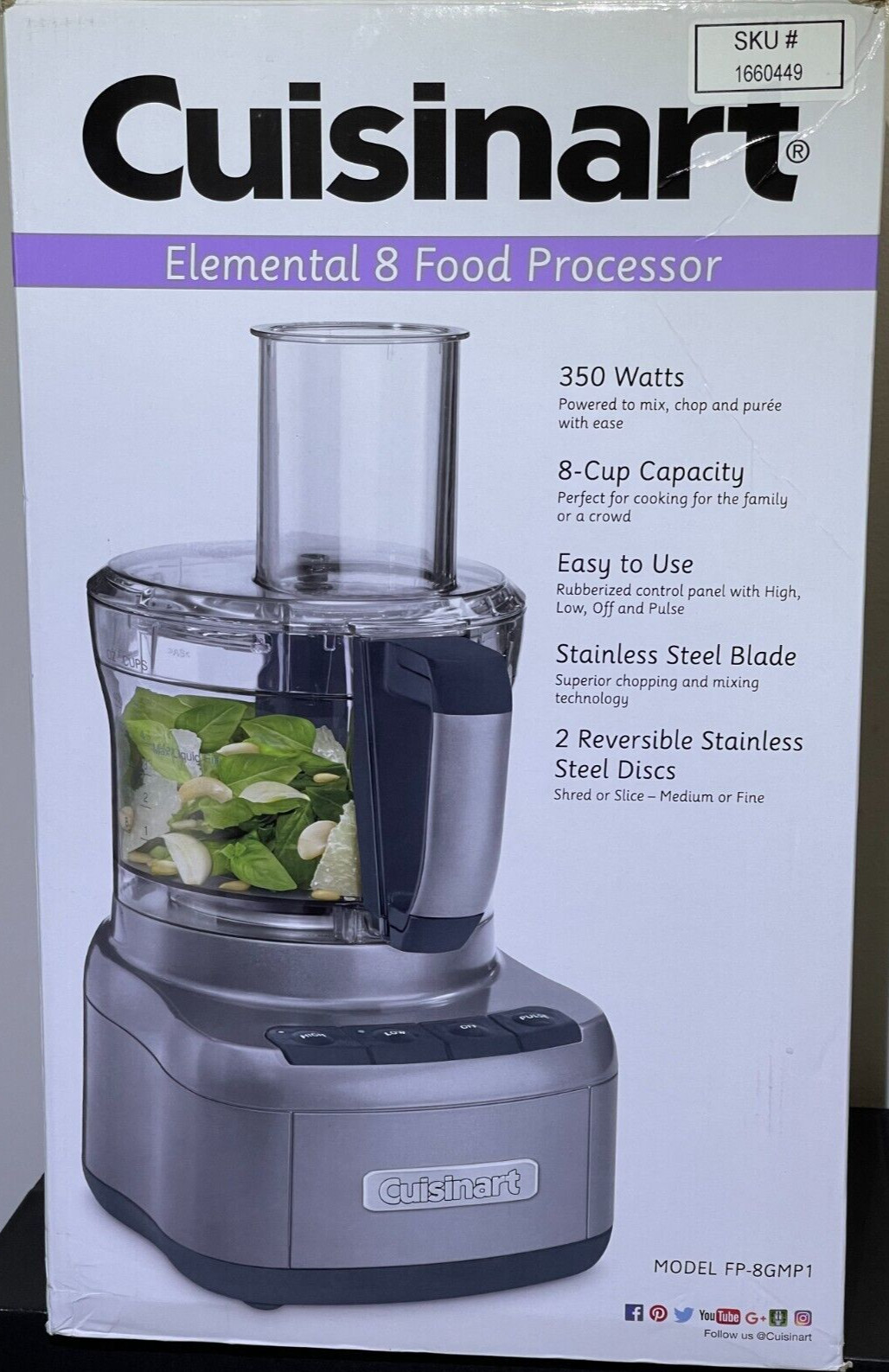 Cuisinart Elemental 8 Cup Food Processor FP-8GMP1 Feed Tube Gunmetal 350 Watts N