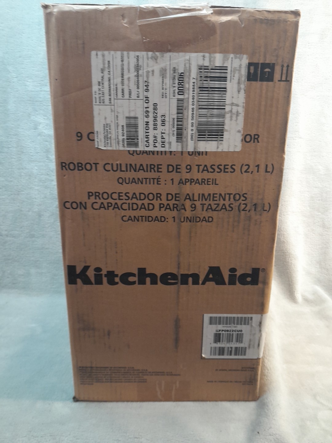 KitchenAid KFP0922CU Contour Silver 9-cup Food Processor -New In Factory Box