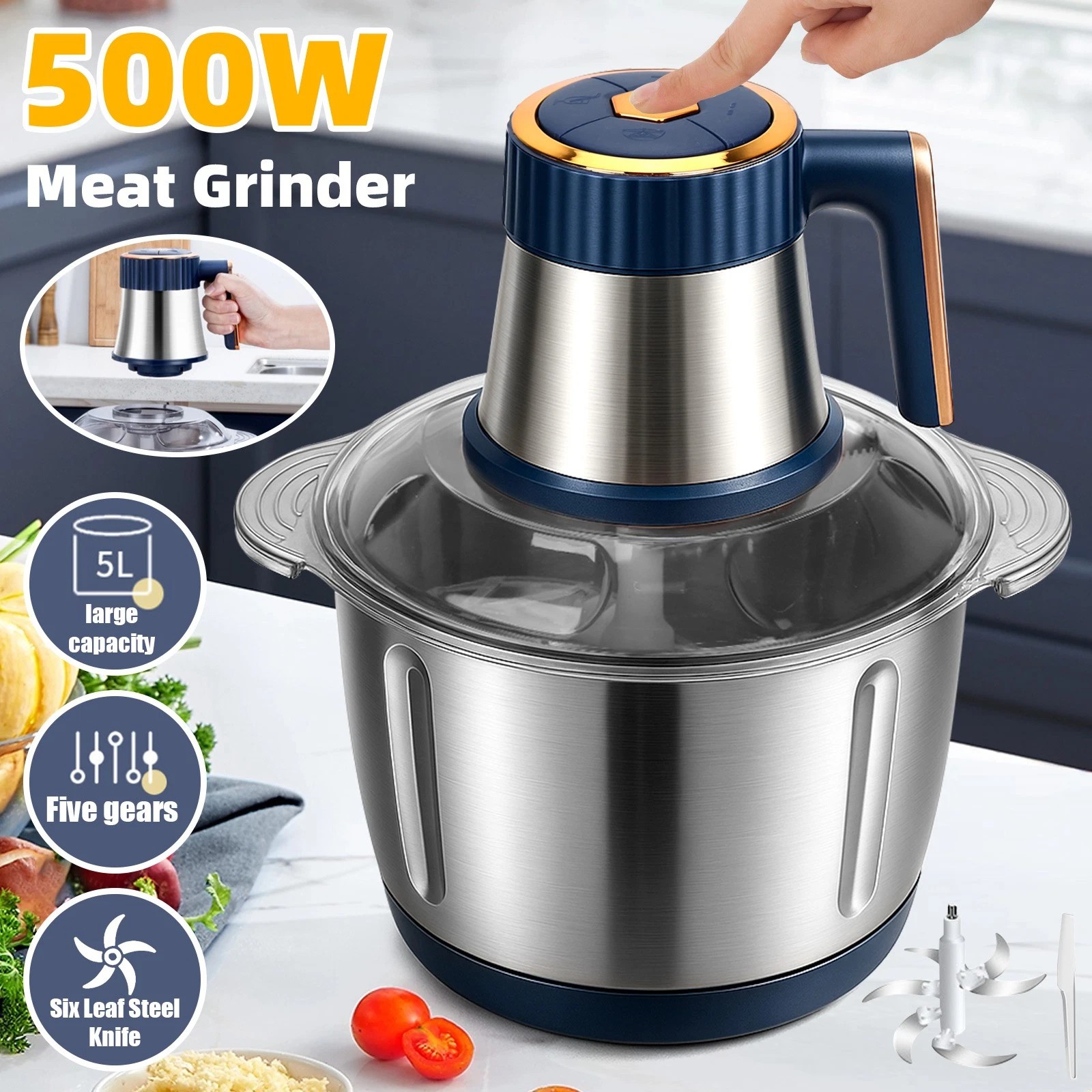 500W Electric Food Vege Chopper Food Processor Kitchen Meat Grinder Mixer 5L US