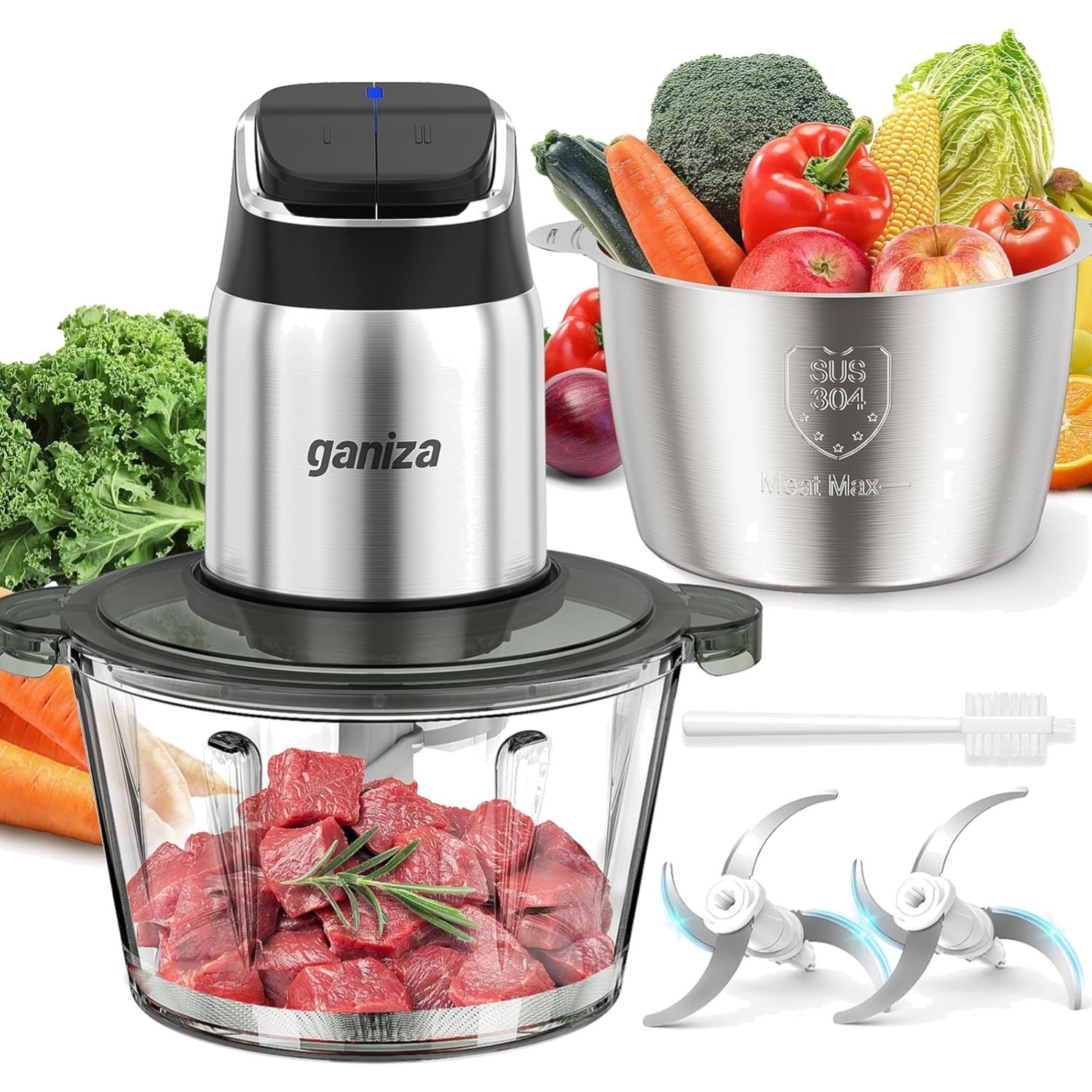 Food Processor Stainless Steel Glass Bowls 2-Speed 450W Overheat Safety
