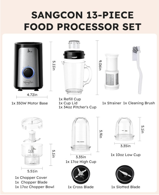 5 in 1 Food Processor and Blender Combo for Kitchen, 350W High Speed Blenders