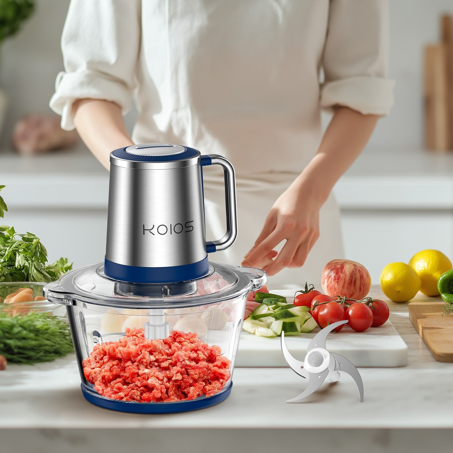 KOIOS Electric Food Chopper Processor Meat Grinder Mixer Glass Clear Bowl