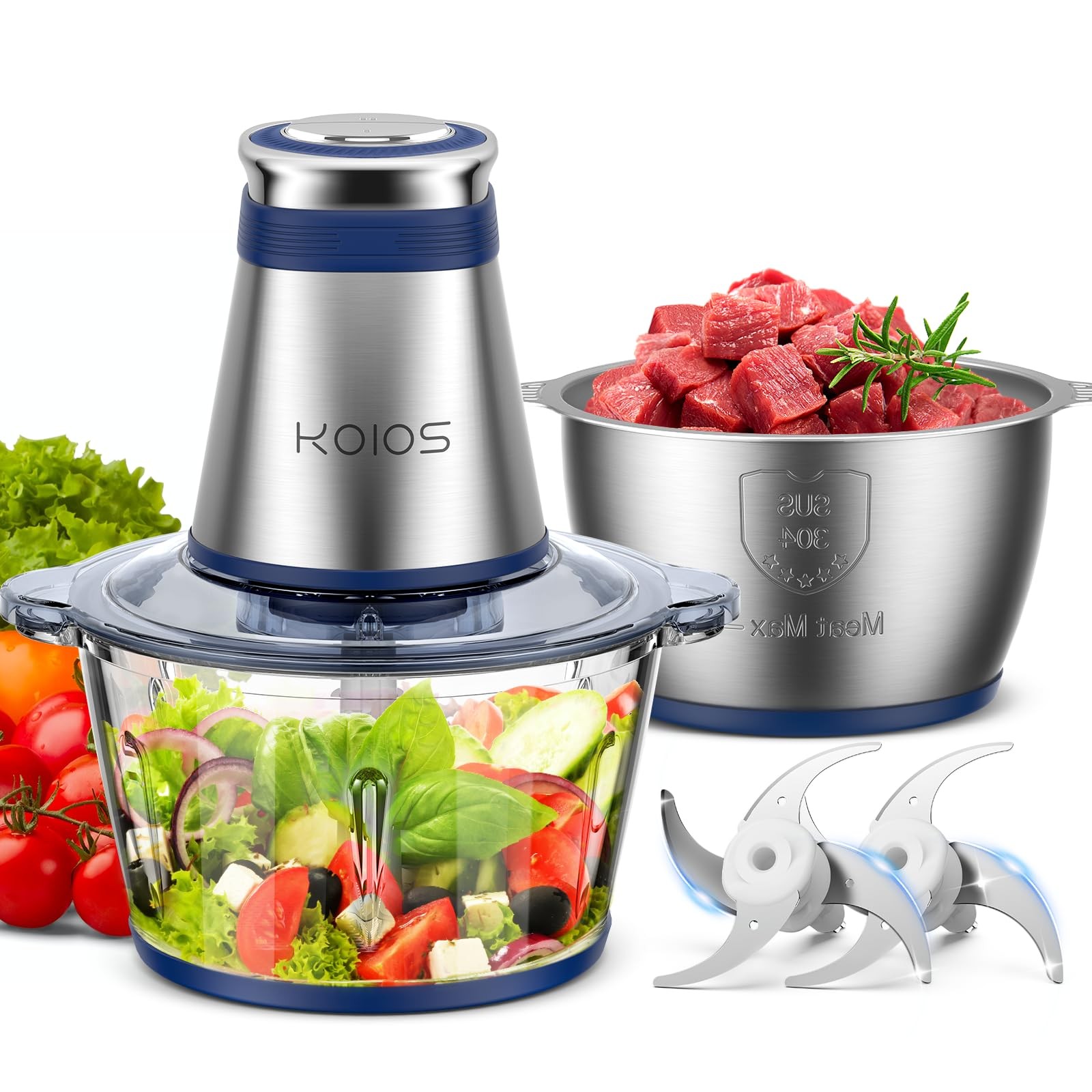 KOIOS 500W Electric Food Processor Chopper 2 Bowls 8-CupMeat Grinder Mincer Blue