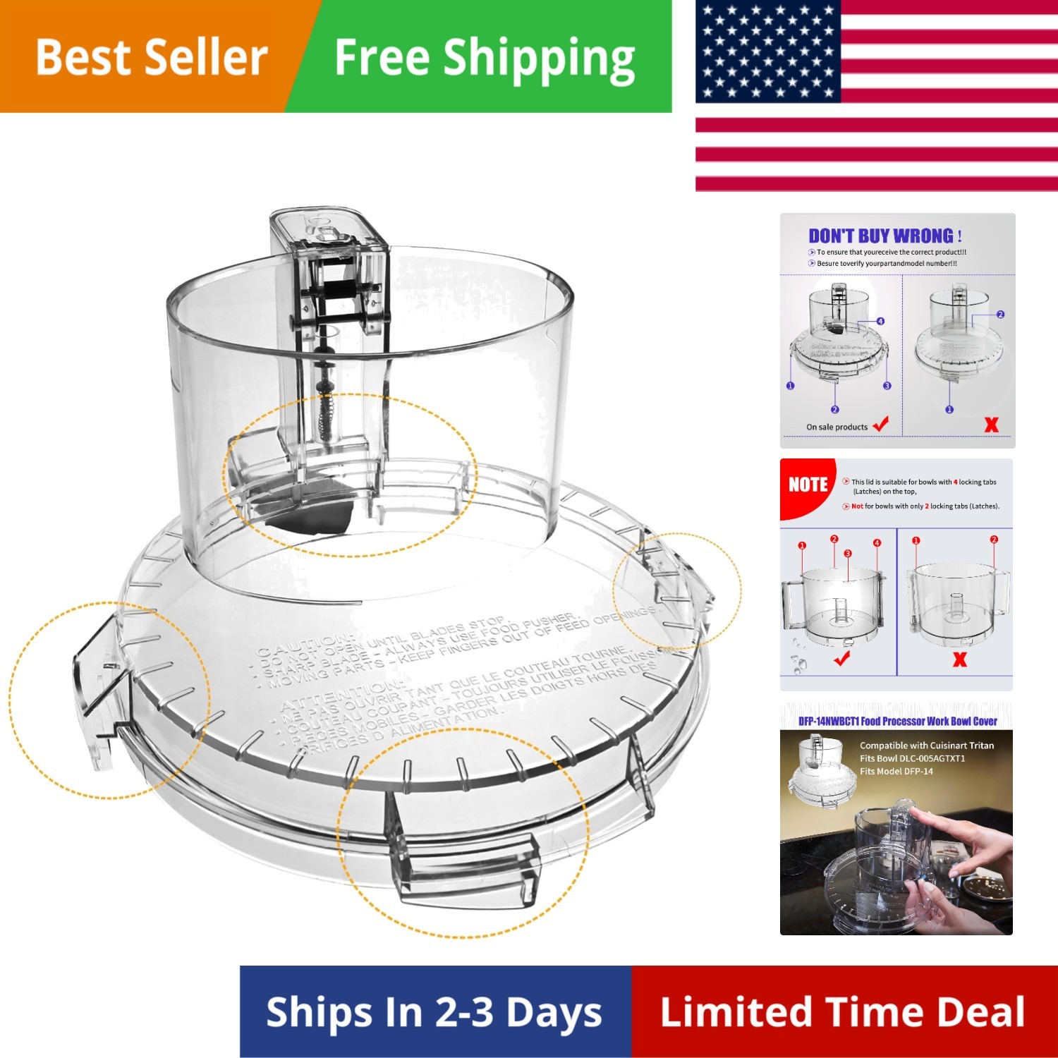 Food Processor Work Bowl Cover DFP 14 Replacement Fits DLC 005AGTXT1 4 Tabs