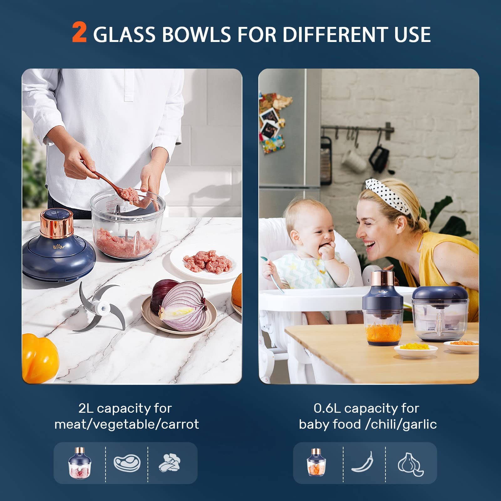 Food Processor, Electric Food Chopper with 2 Glass Bowls (8 Cup+2.5 Cup), 400…