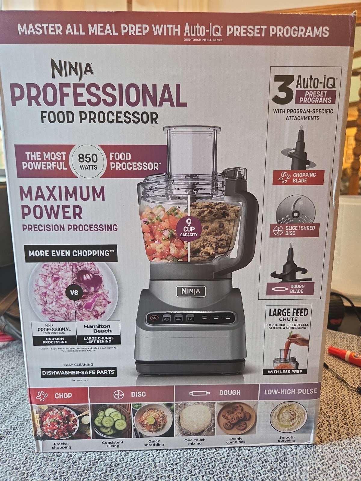 New Ninja Professional Food Processor 3-Auto-IQ 9-Cup Capacity Chop/Disc/Dough