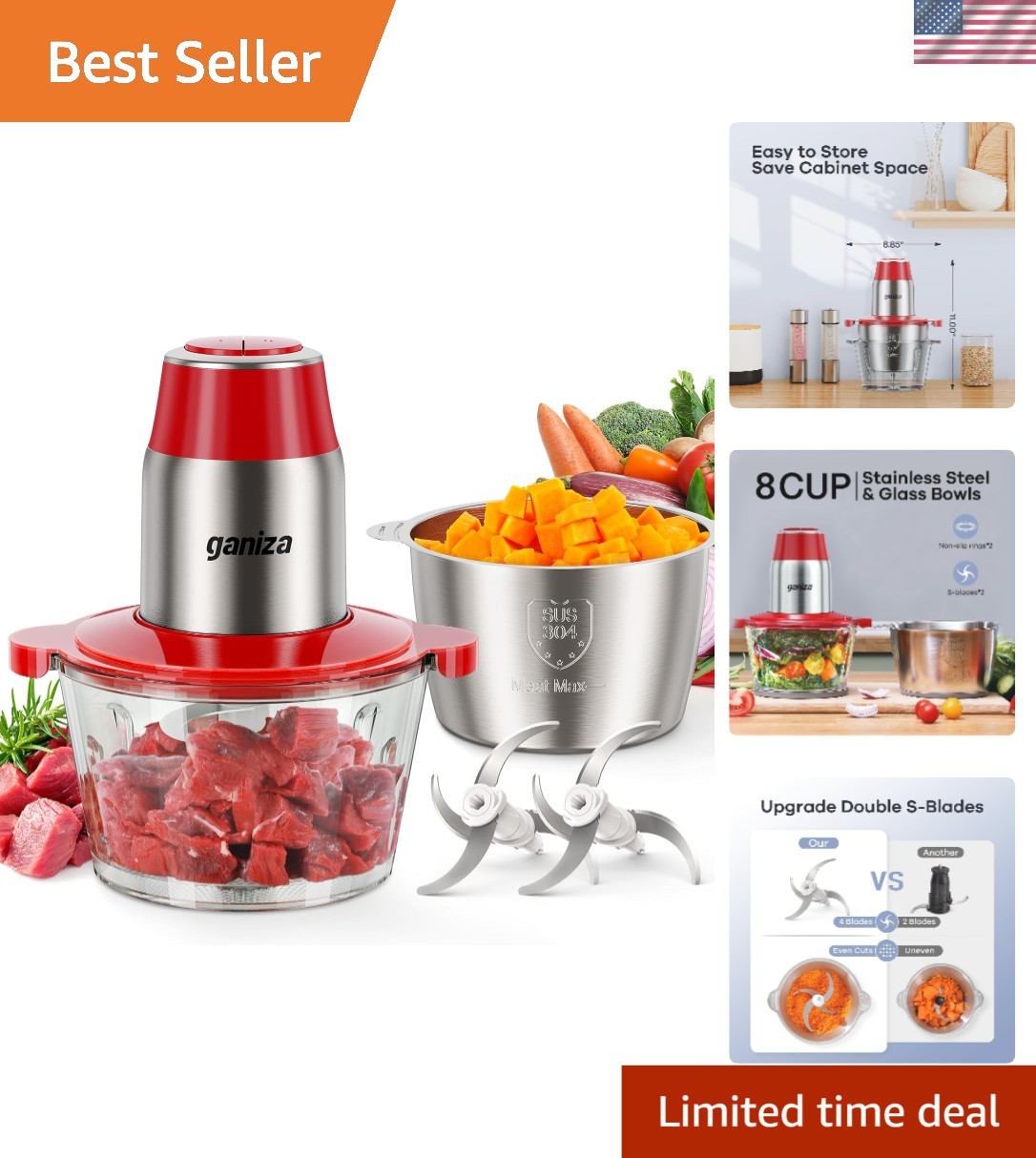 Luxury Electric Food Processor & Meat Grinder with 2 Bowls – 450W Power in Red