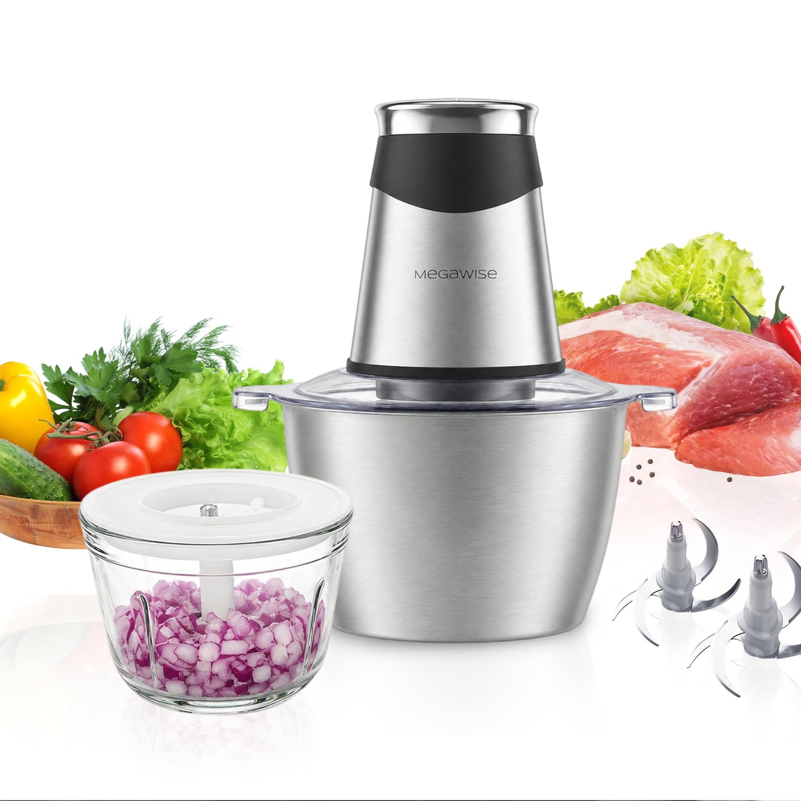 Food Processor, 800W Electric Meat Grinder with 0.6L Glass Bowl & 1.2L Stainl…