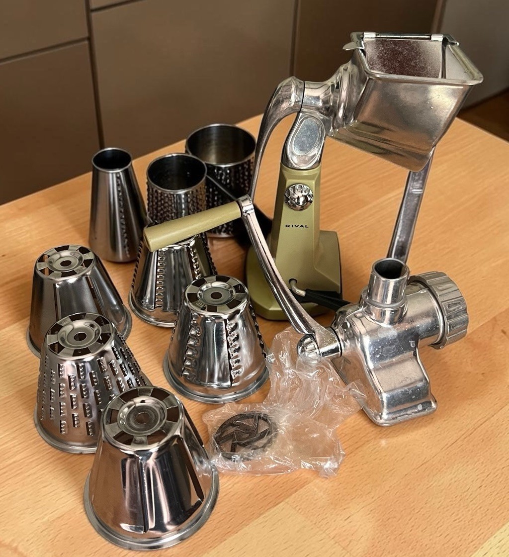 VTG Manual Food Grinder, Shredder, Slicer by Rival -w/ Suction Mount & 5 Cones