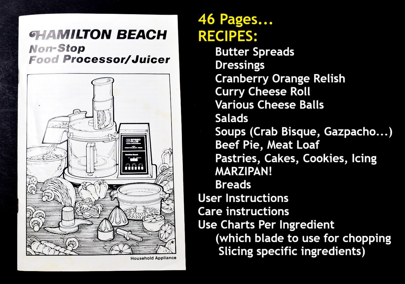 1987 Hamilton Beach 712 1 & AL Non-Stop Food Processor Juicer MANUAL & RECIPES