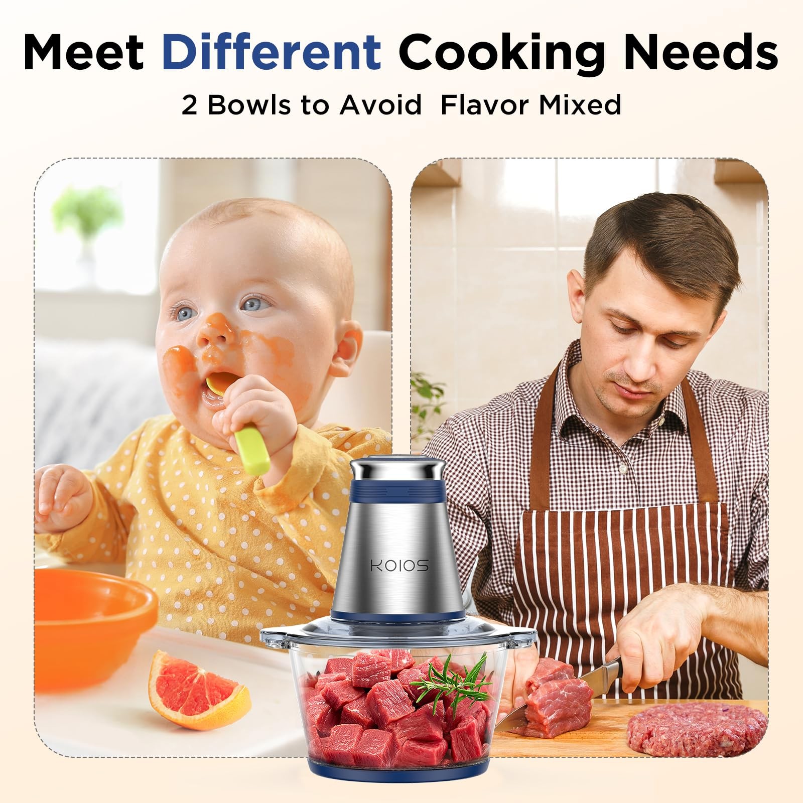KOIOS 500W Electric Food Processor Chopper 2 Bowls 8-CupMeat Grinder Mincer Blue