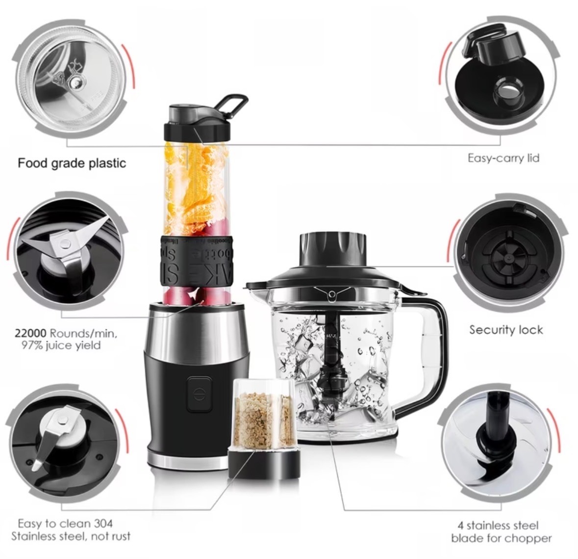 22000RPM High-Power Stand Mixer, Large Capacity Blender 3-in-1 Food Processor