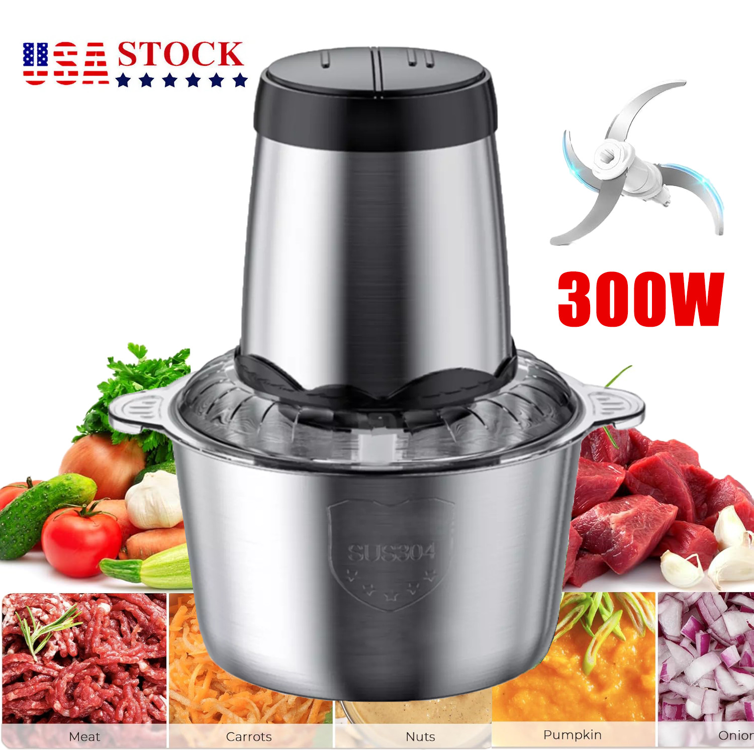 110V Electric Food Chopper Electric Stainless Steel Processor Meat Grinder Mixer