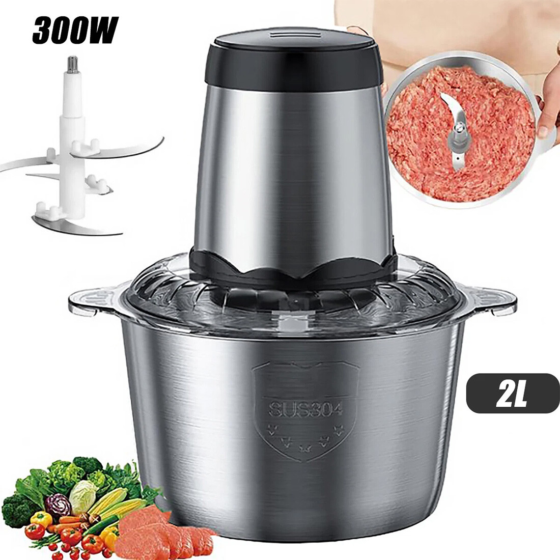 300W Electric Food Vege Chopper Food Processor Kitchen Meat Grinder Mixer 2L US