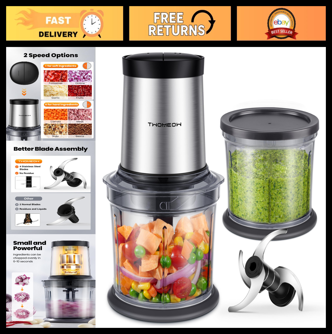 Compact 4-Cup Food Processor & Chopper, 2 Speed, 4 Blades for Meat, Veggies, Nut