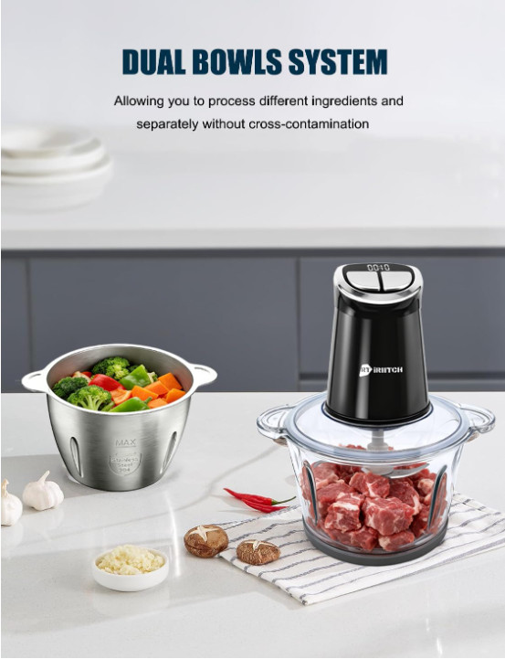 Procesador Alimentos 800W con Temporizador LED 2 Recipientes y 12 Cuchillas
