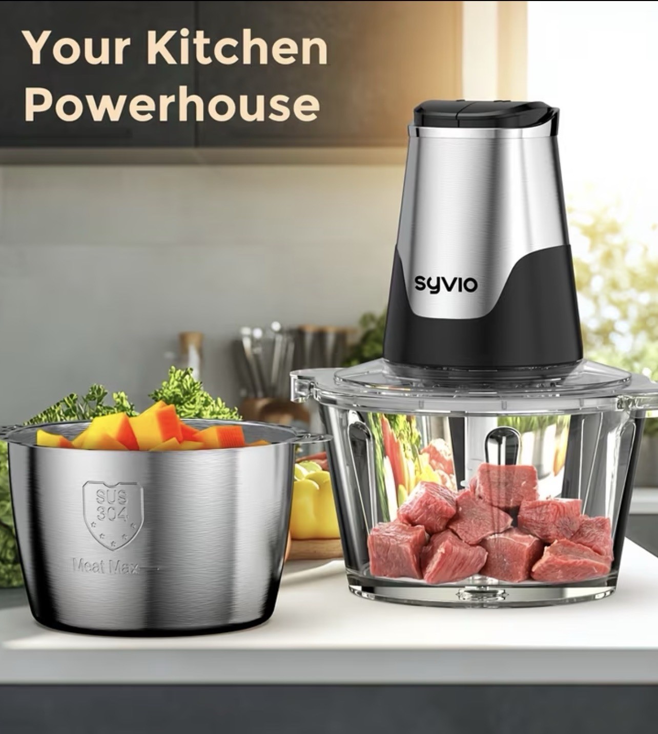Syvio Food Processor With Two Bowls, Meat Grinder, Vegetable Chopper 8 Cup, 450W