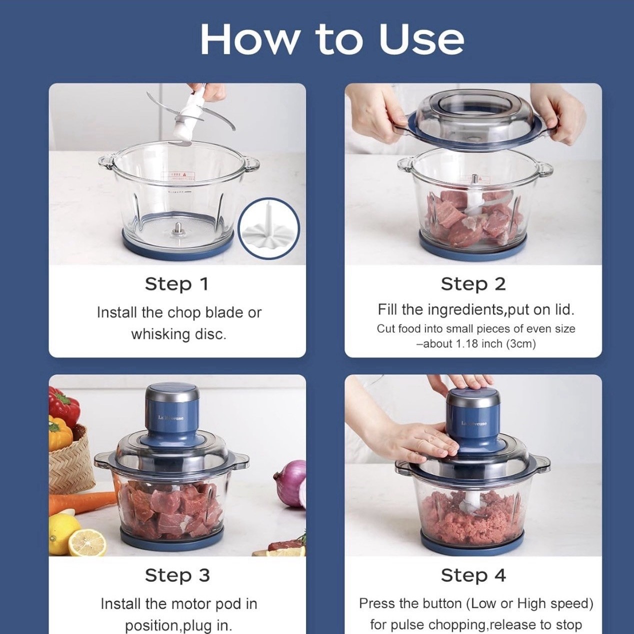 La Rêveuse LARB4016 7-Cup Food Processor 300W Blue Glass Bowl Dishwasher Safe