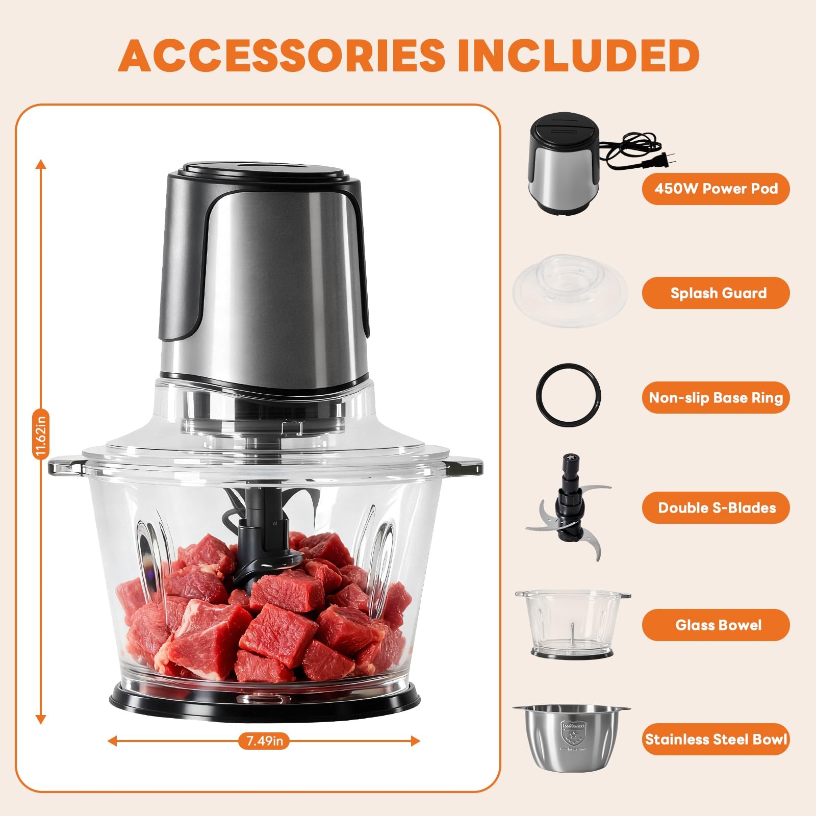 Electric Food Processor, 450W Meat Grinder & Vegetable Chopper with 2 Bowels …