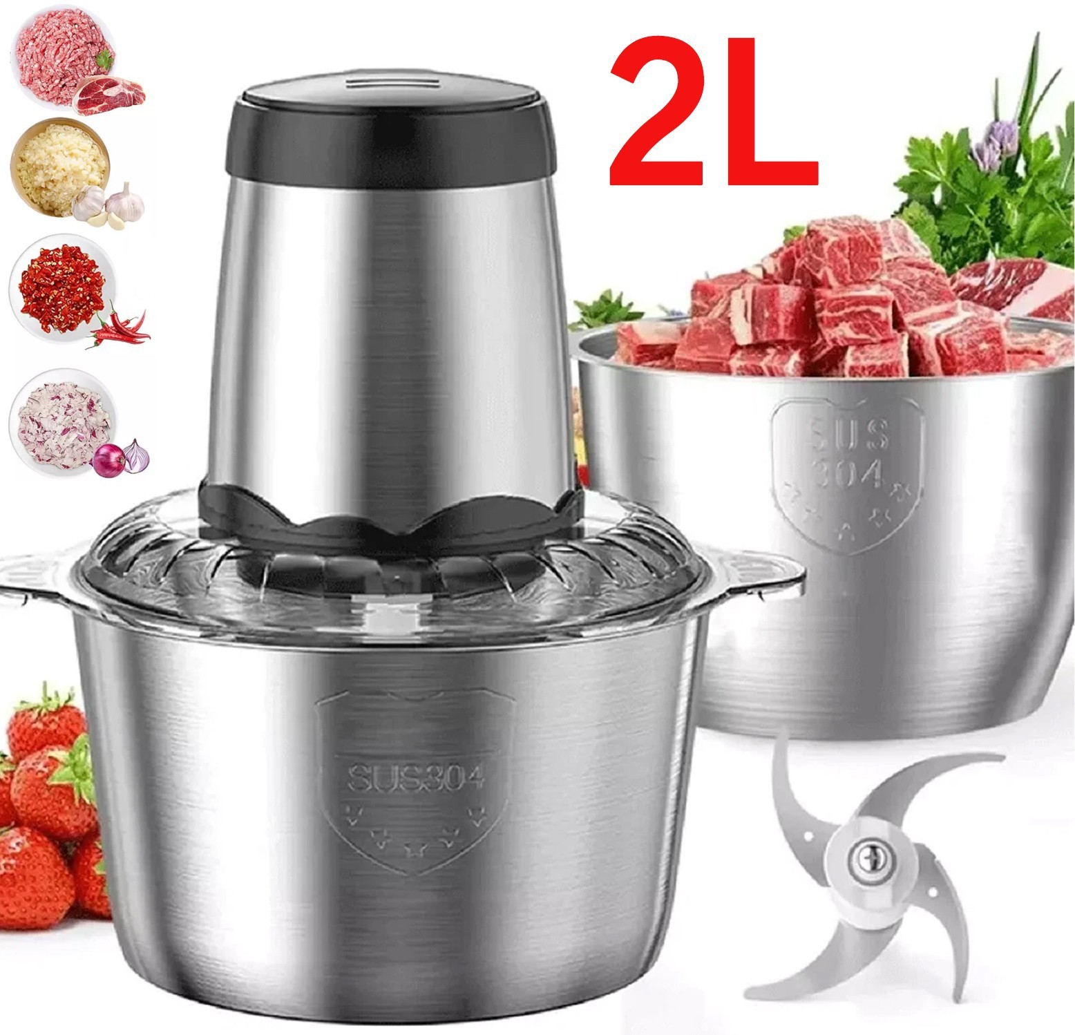 2L Electric Food Chopper Electric Stainless Steel Processor Meat Grinder Mixer