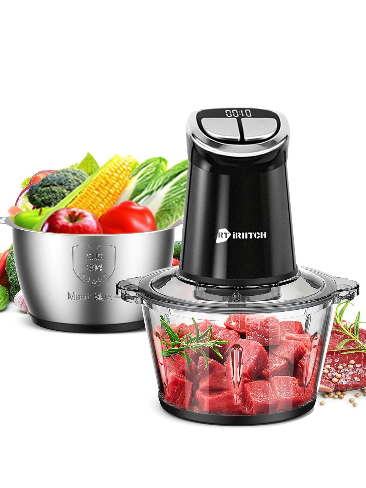 IRIITCH Food Processor with Timer, 800W Chopper with 2 Bowls (12-cups Glass B…