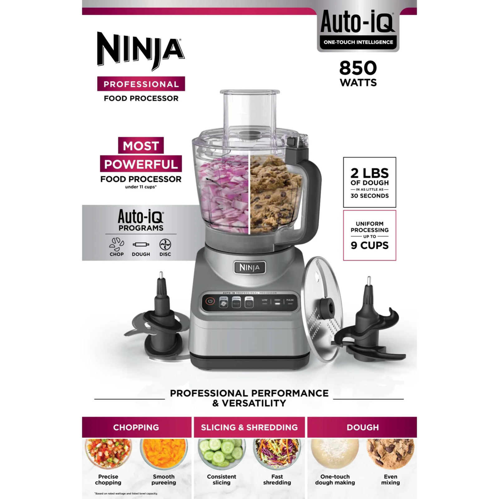 Ninja Professional 9-Cup Food Processor, 3 Auto-iQ Presets, BN600 Silver – New