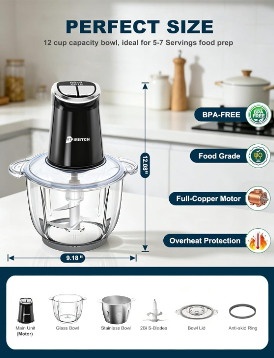Procesador Alimentos 800W con Temporizador LED 2 Recipientes y 12 Cuchillas