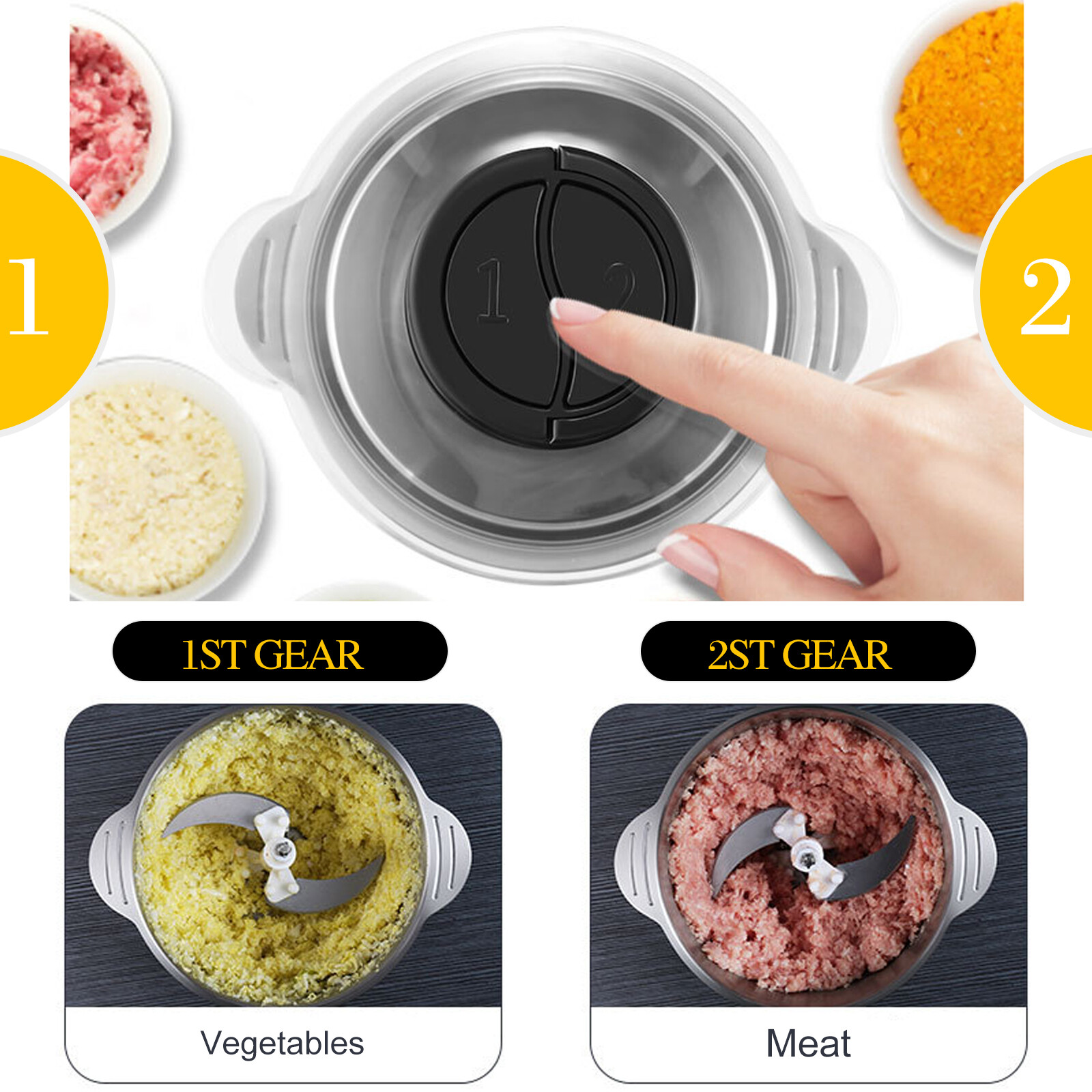 Electric Food Processors, 2L Food Chopper with Meat Grinder & Veggie Chopper