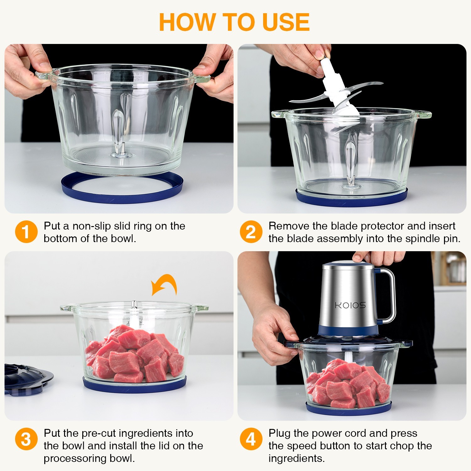 KOIOS Food Processors Electric Food Chopper Mixer 8 Cup Glass Bowl Chop Grinder