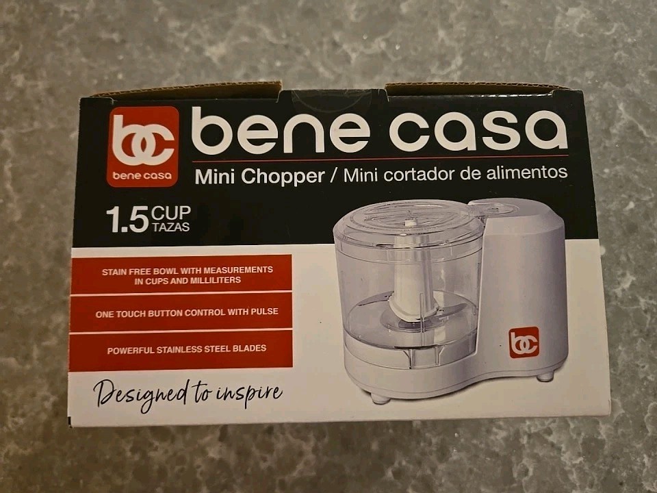Bene Casa Mini Chopper Food Processor 1.5 Cup 100W White New In Box Sealed
