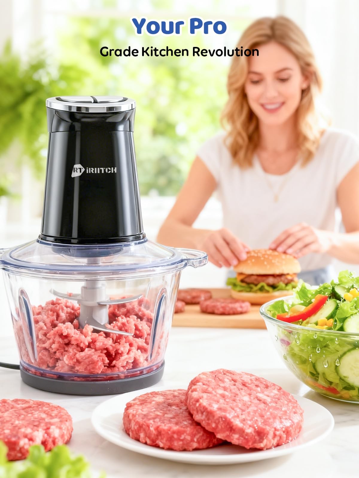 IRIITCH Food Processor with Timer, 800W Chopper with 2 Bowls (12-cups Glass B…