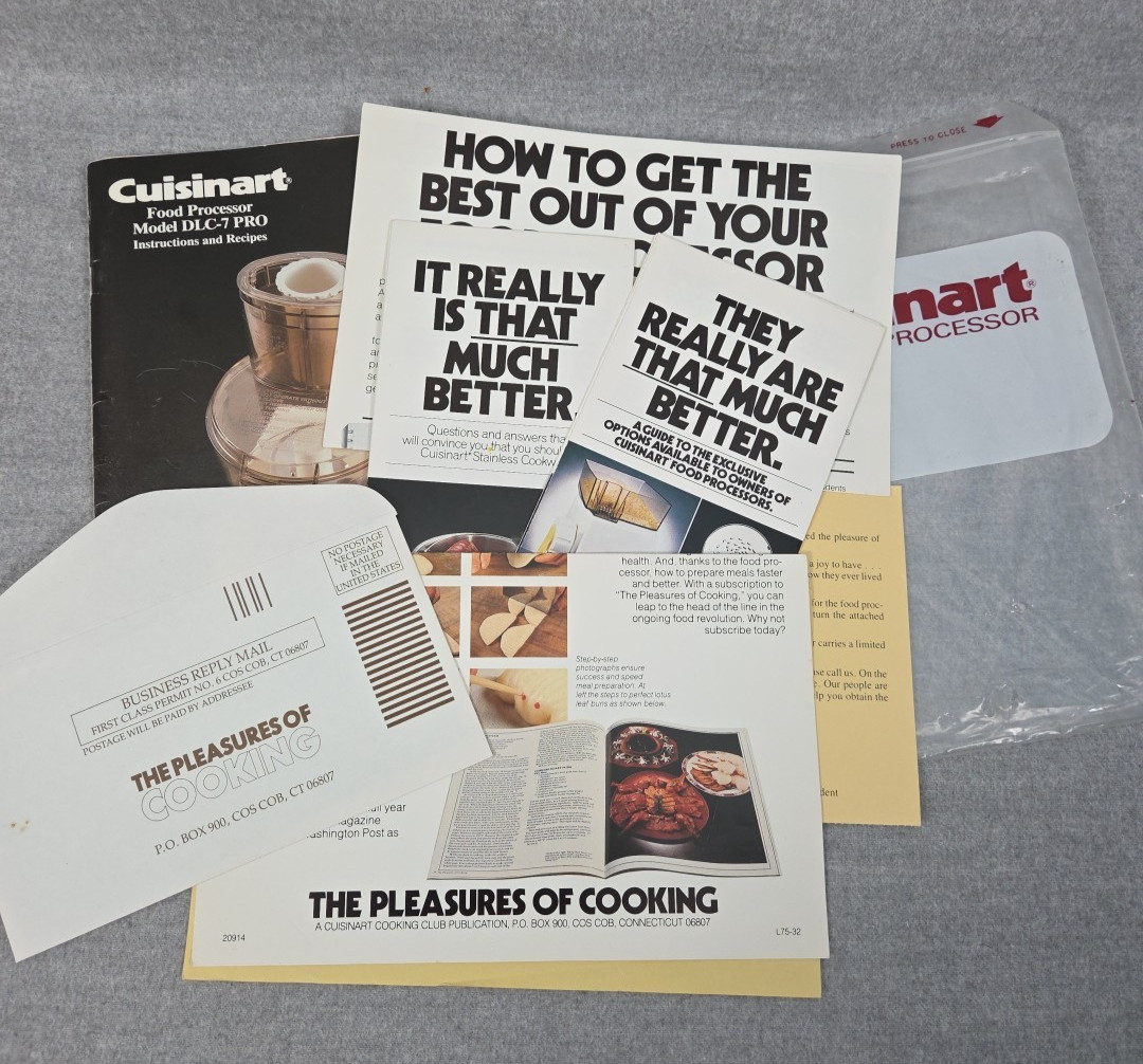Cuisinart DLC-7 Pro Food Processor Instruction Manual & Recipes Book w/ Inserts