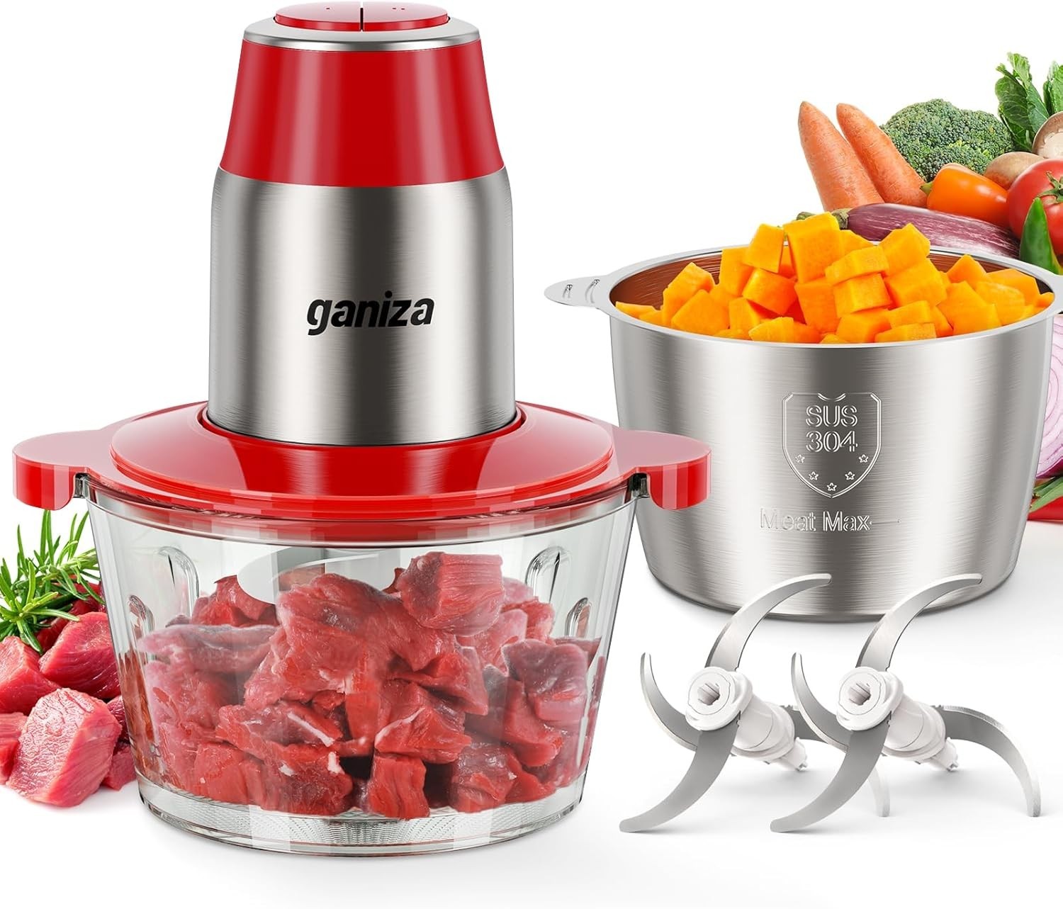 Luxury Electric Food Processor & Meat Grinder with 2 Bowls – 450W Power in Red