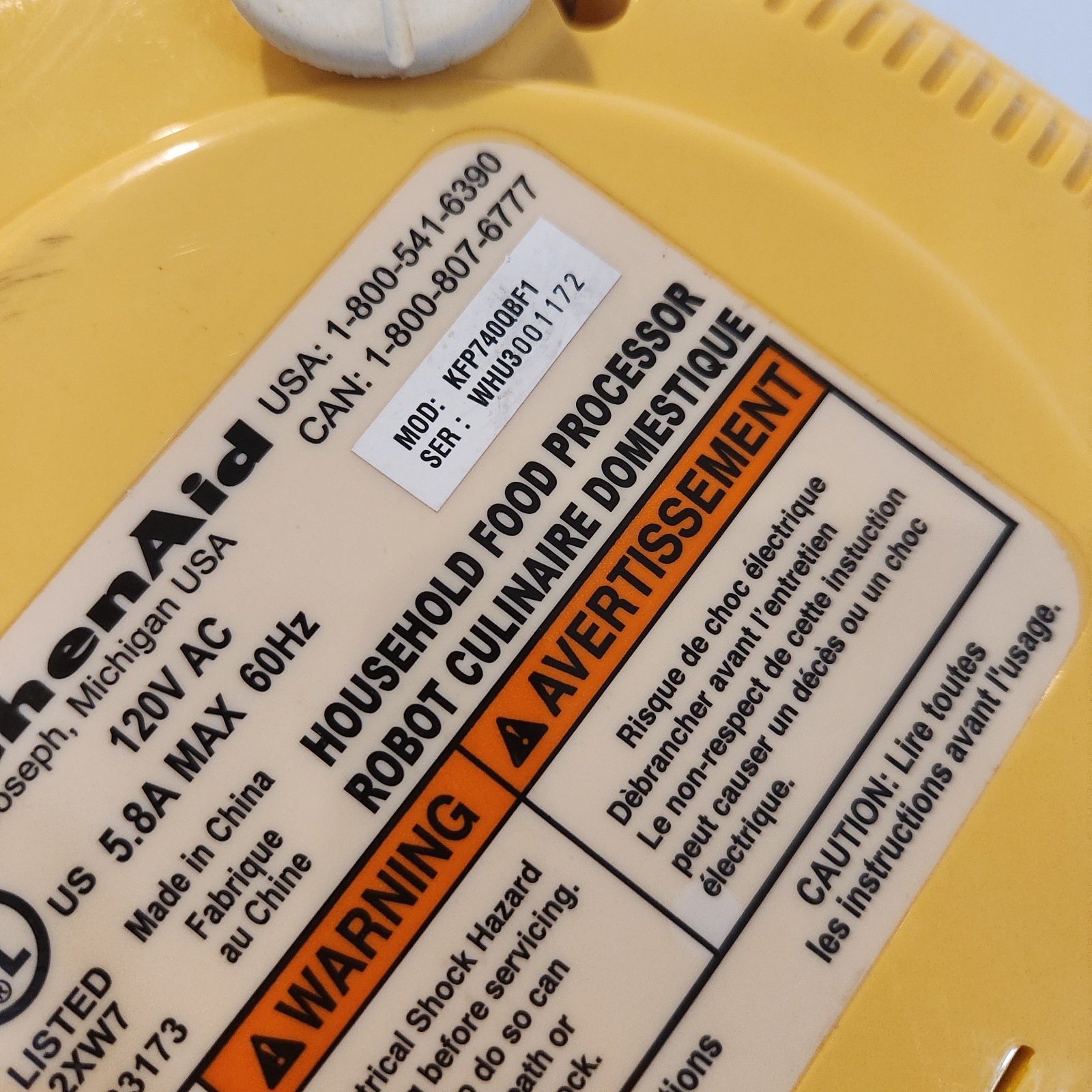 KitchenAid Food Processor KFP740QBF1 Yellow Motor Base Replacement Part