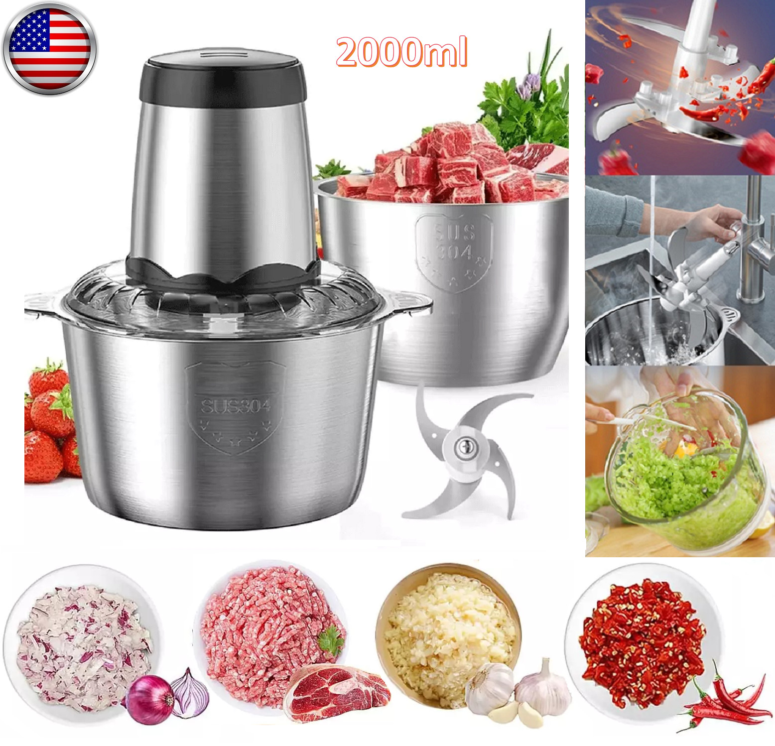 2L Electric Food Chopper Electric Stainless Steel Processor Meat Grinder Mixer