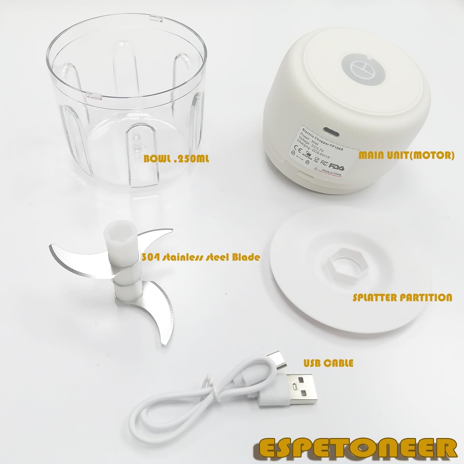 Garlic Chopper, Cordless USB Chargeable Mini Food Processors 250ML (White)