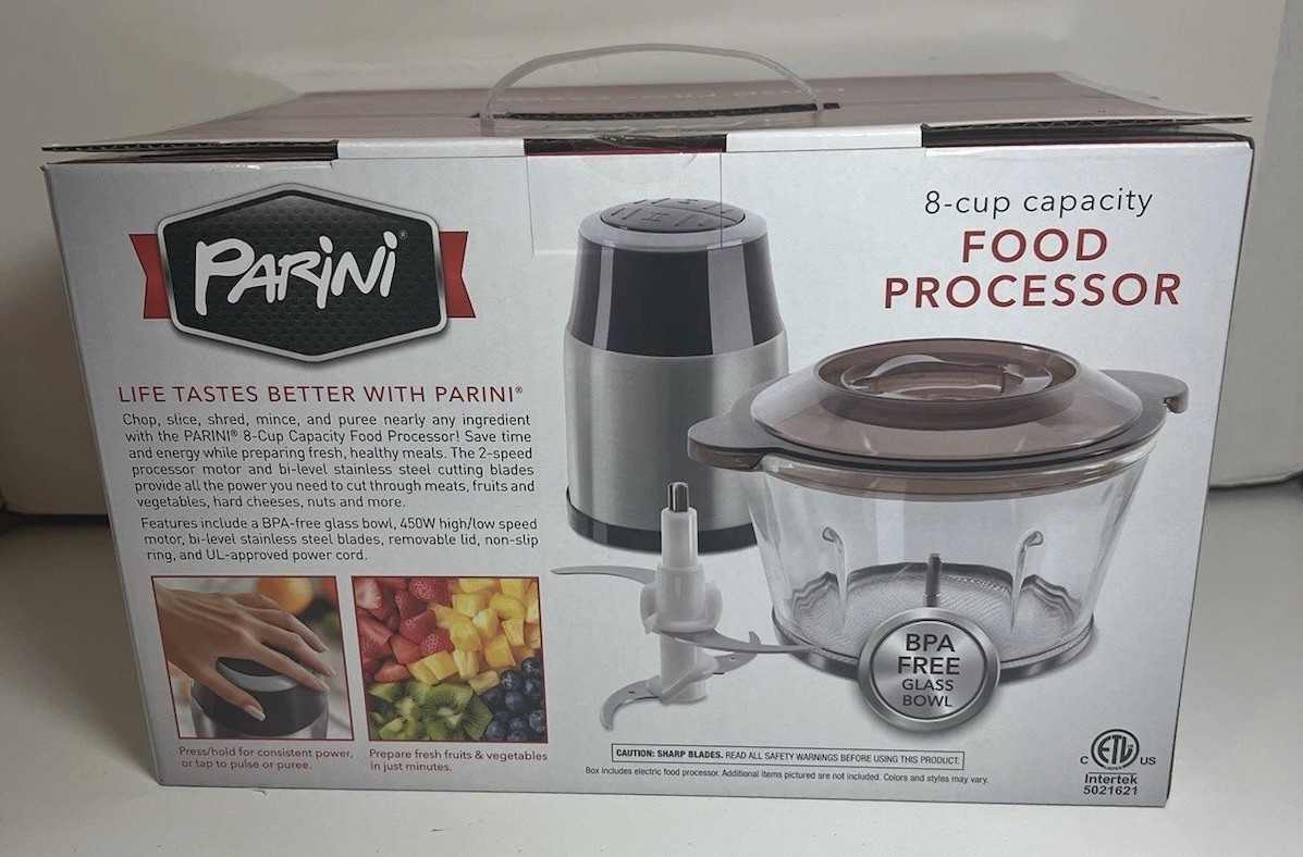 Parini 8 Cup Food Processor NIB Chop Slice Shred Puree S/S Blades 450 W 2 Speed