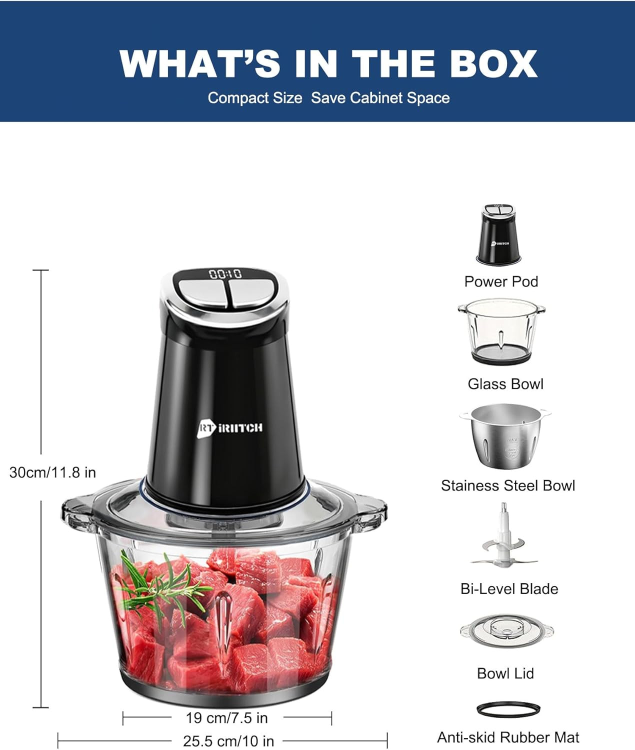 IRIITCH Food Processor with LED Timer, 800W Electric Chopper with 2 Bowls (12-cu