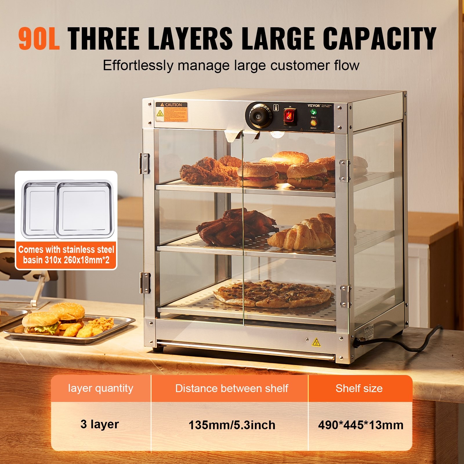 3-Tier Commercial Food Warmer Display, 800W Food Display Warmer with Light to En