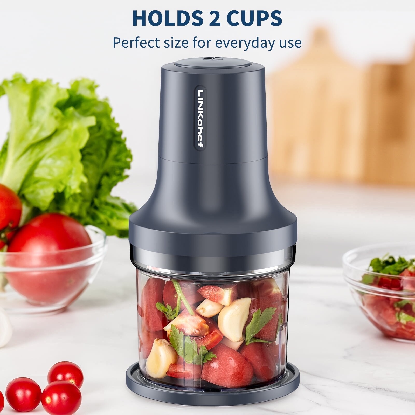 LINKChef Food Chopper 2 Cup Food Processor 260W Power Grinder Bi Level Grey