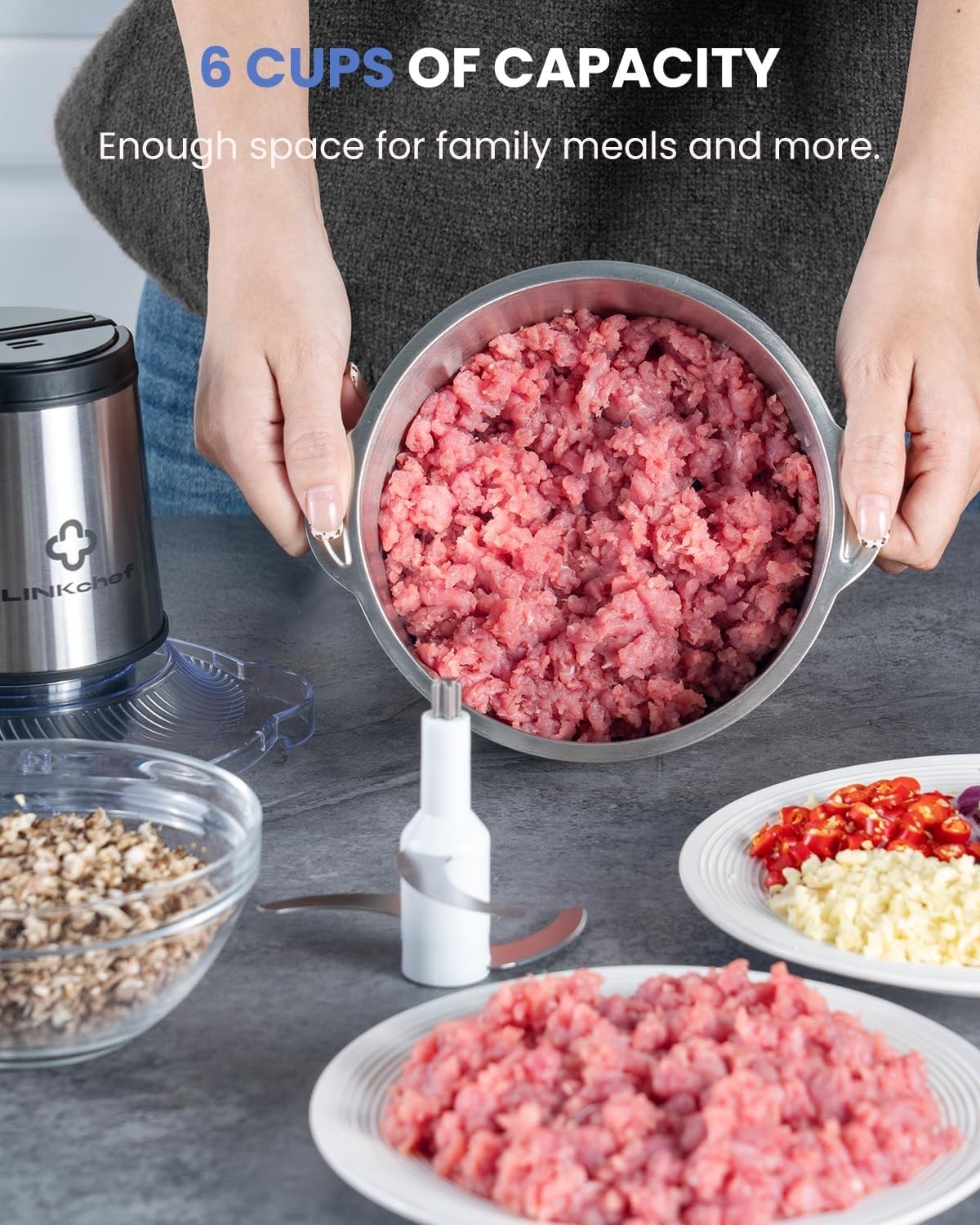 LINKChef 6 Cup Food Processor 250W Electric Meat Grinder Vegetable Chopper